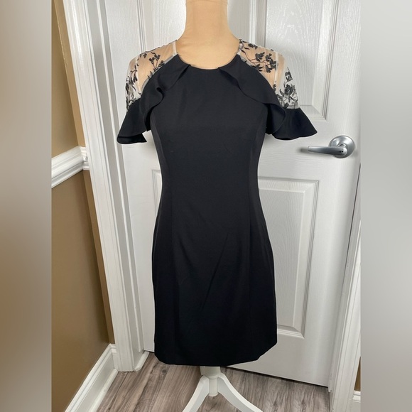 MOLLY BRACKEN ~Elegant Black Dress with Sheer Floral Sleeves Size Small - Picture 7 of 9